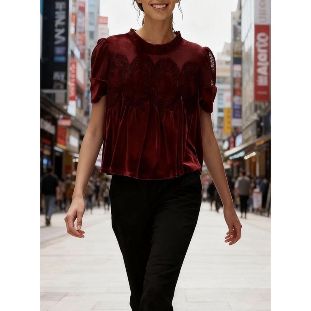 Free People Inspired Velvet Babydoll Lace Victorian Top In Burgundy Sz S - Picture 2 of 7